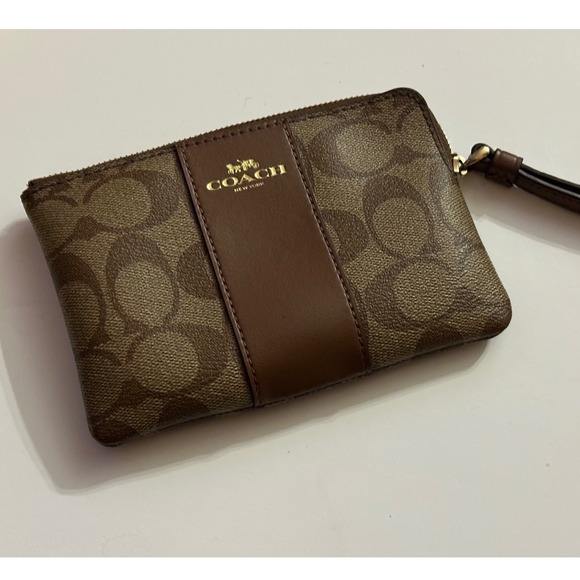 Coach Signature C Canvas Brown Leather Wristlet Pouch Wallet Clutch - Picture 2 of 4